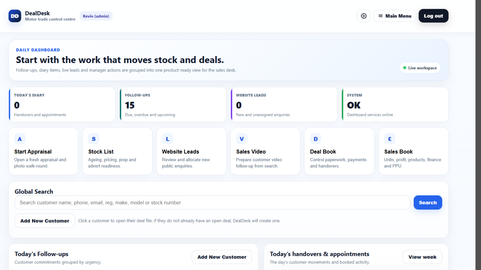 DealDesk daily control centre screenshot